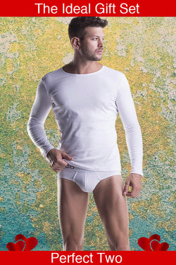 Unico Classic Long-sleeved T-Shirt with round neck  White and Briefs Cotton Gift Set